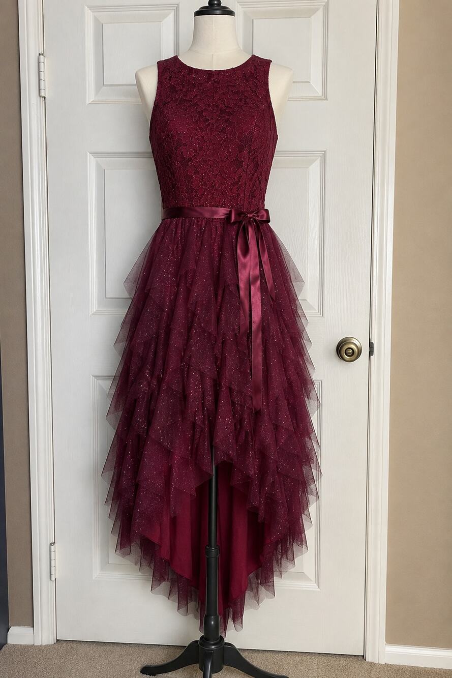 Teeze Me Burgundy Glitter Lace High-Low Formal Dress Size 5